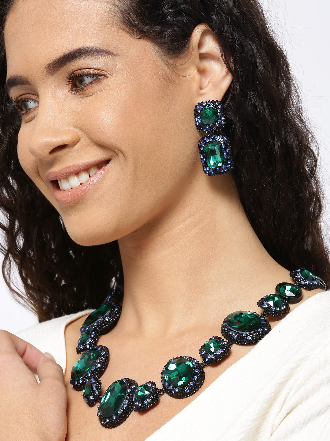 YouBella Green And Black Stone-Studded Geometrical Jewellery Set